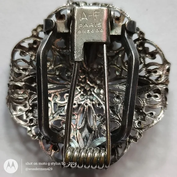 🗼A-F Paris France Brooch Art Nouveau Silver Filigree Clip Vintage - Picture 2 of 10
